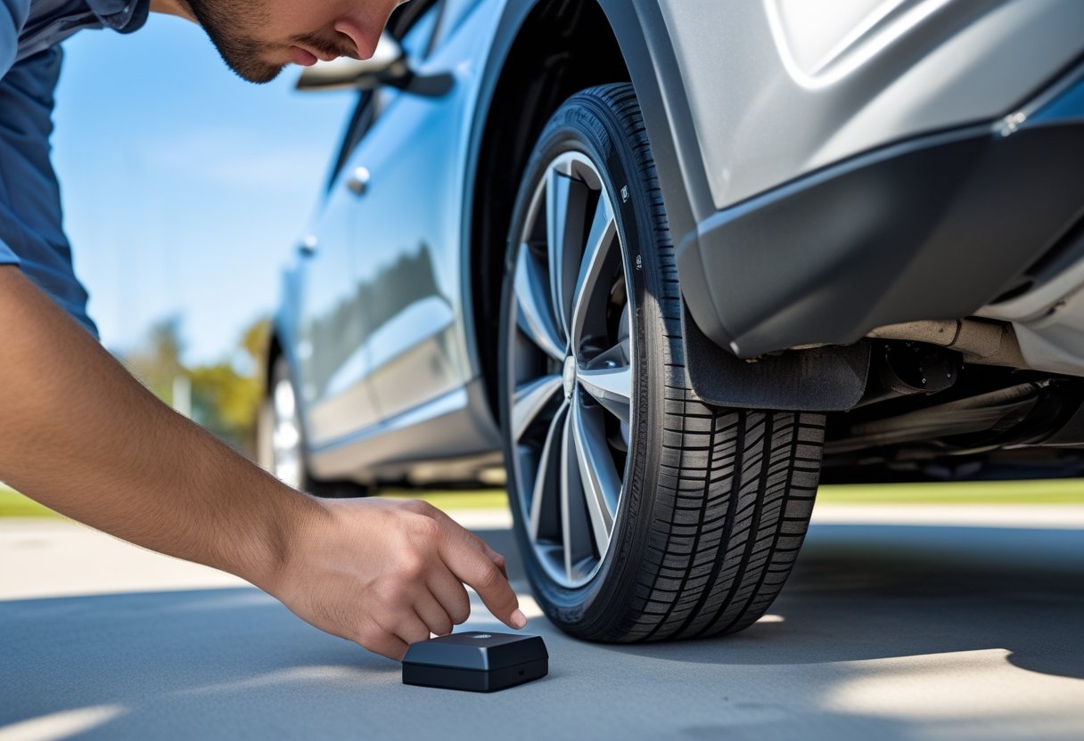 Person inspecting the underside of a car near the rear wheel, looking for a hidden tracking device.