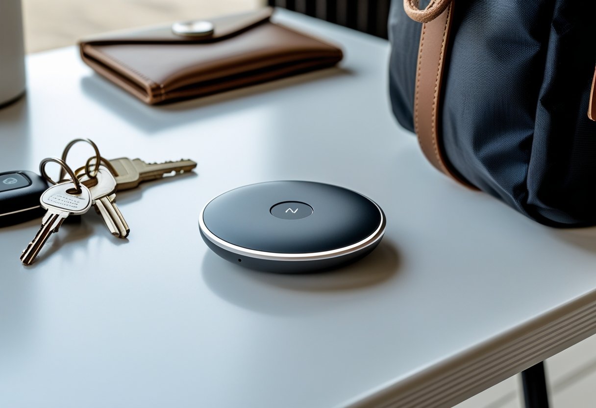 Close-up of an AirTag device placed among keys, a wallet, and a backpack on a white surface.