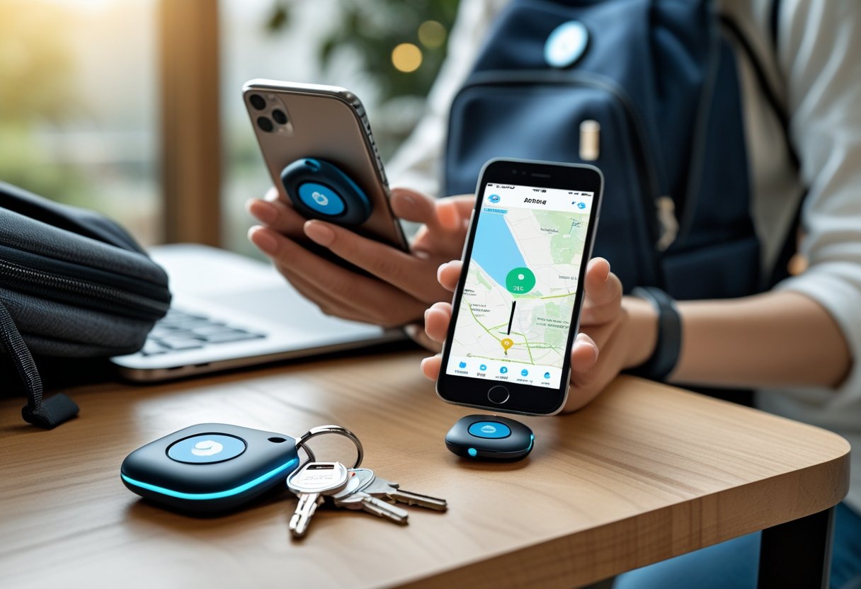Close-up of Apple AirTags attached to keys and a backpack, with a person holding a smartphone showing a location map indoors.