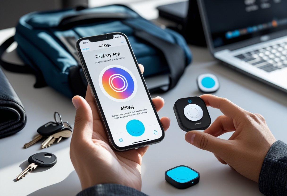 A person holding a smartphone next to an AirTag on a table with keys, a backpack, and a laptop in the background.