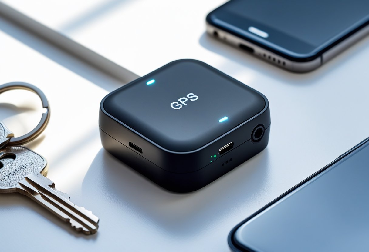 A small black GPS mini tracker on a white surface next to keys and a smartphone.