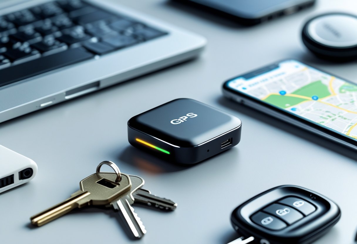A small GPS mini tracker on a desk next to a smartphone showing a map and a set of keys.