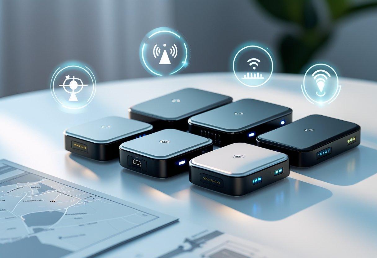 A close-up view of several compact GPS mini trackers arranged on a white surface with icons representing satellite, location, wireless signal, and battery around them.