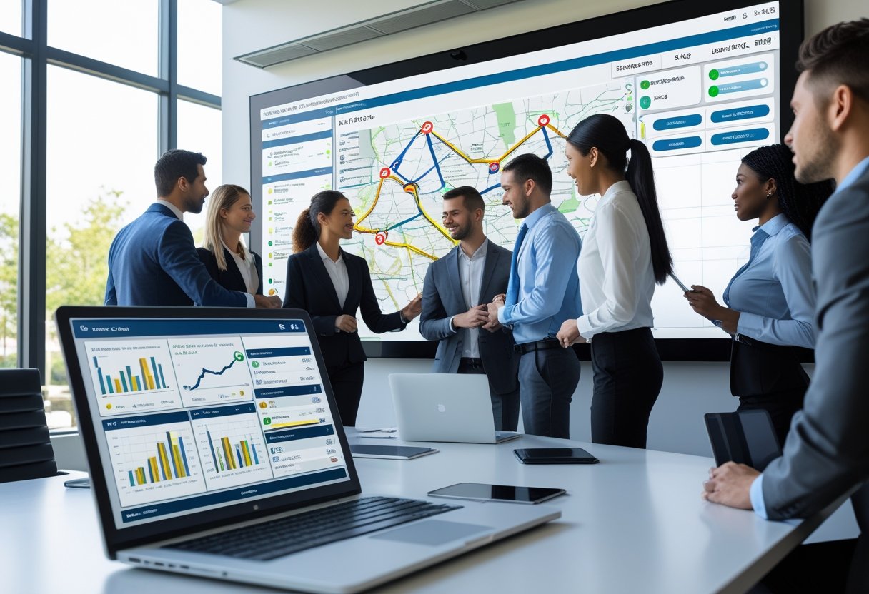 Business professionals collaborating around a large touchscreen showing a map with vehicle locations and routes, with a laptop displaying fleet tracking data in a bright office.