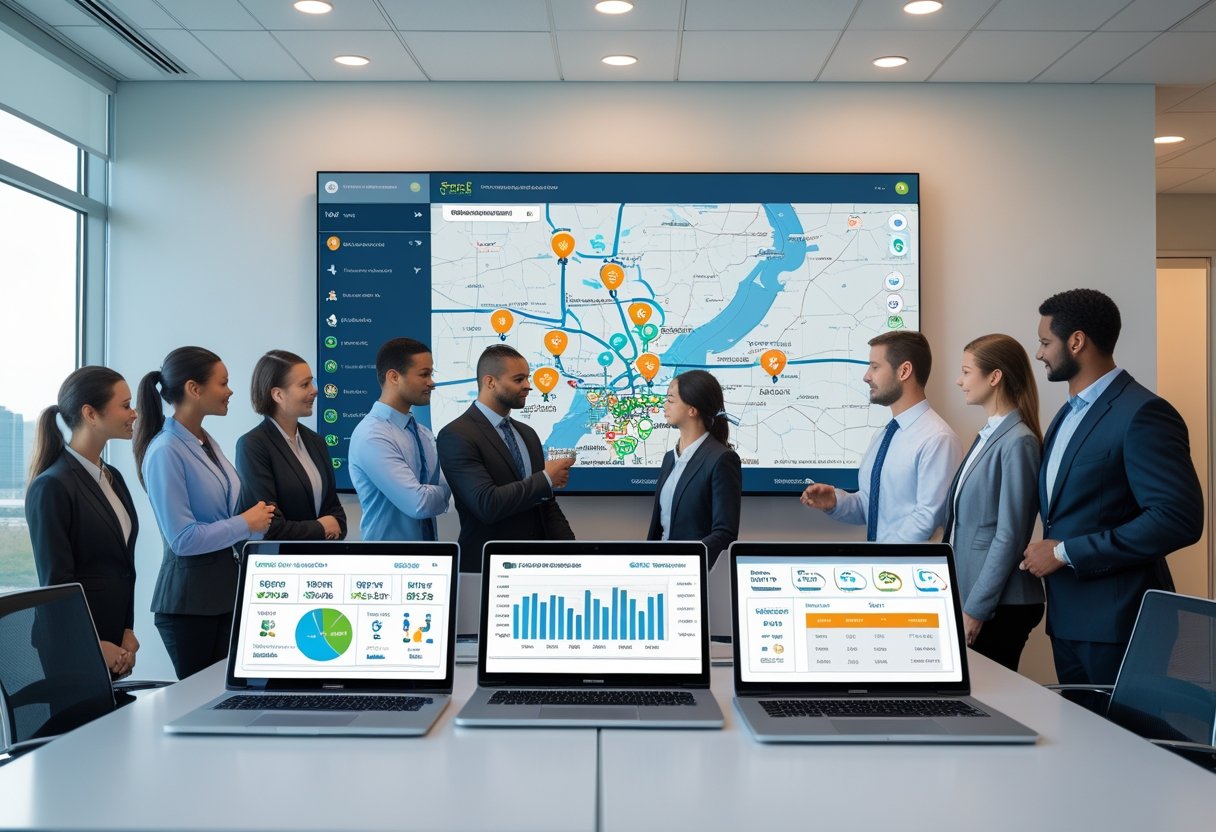 Business professionals in an office using digital displays and devices to monitor fleet vehicle locations on a map.