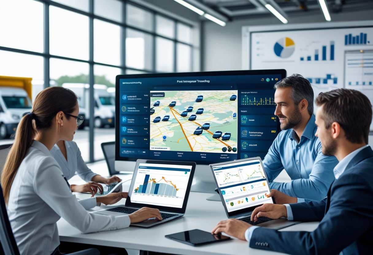 A team of professionals in an office analyzing fleet tracking data on digital devices with a large map showing vehicle routes on a screen and a fleet of trucks visible outside.