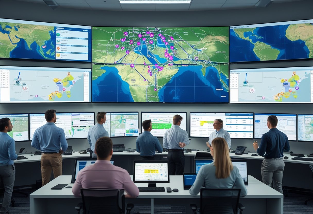 A team of professionals monitoring digital maps and vehicle tracking data in a fleet management control room.