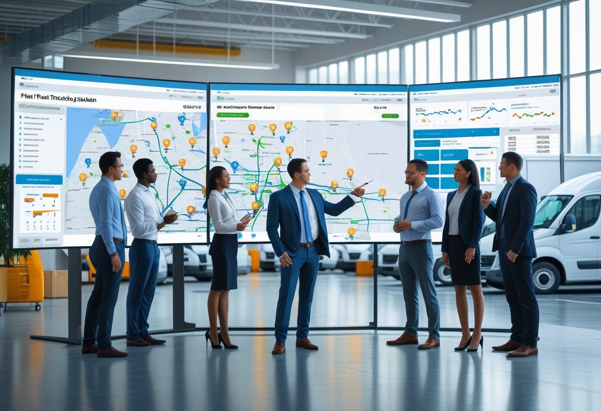 Business professionals in an office reviewing real-time vehicle tracking data on large digital screens with delivery trucks visible outside.