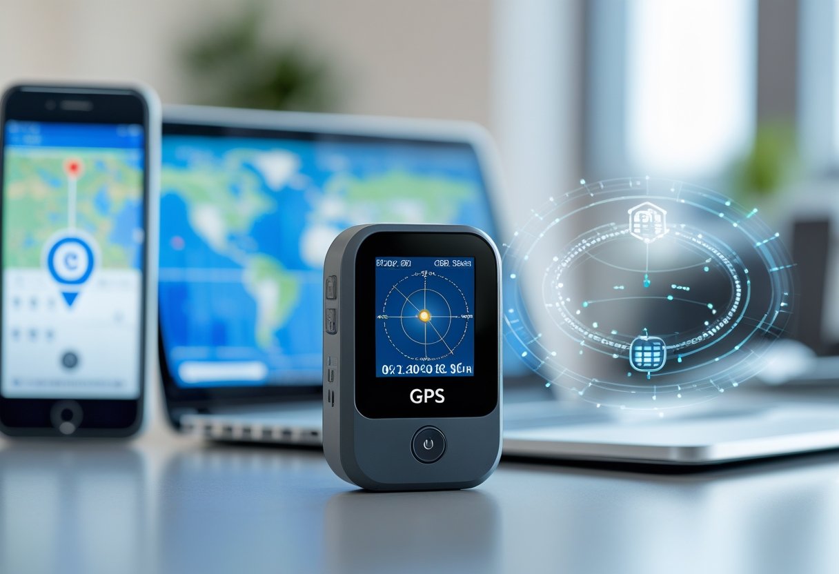Close-up of a GPS tracking device on a desk with a smartphone and laptop showing maps and location tracking.