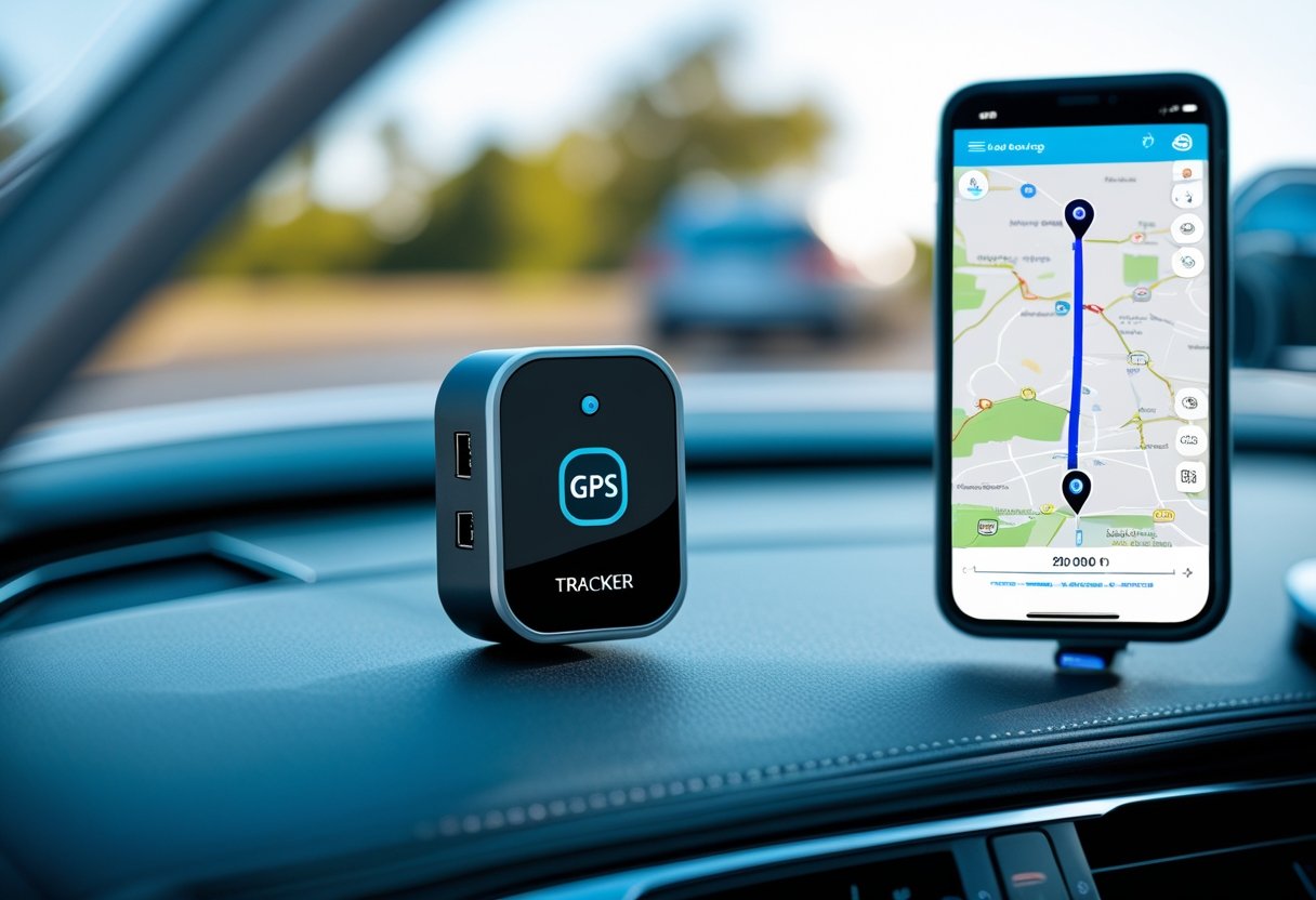 A GPS tracker device on a car dashboard next to a smartphone showing a digital map with a highlighted route.