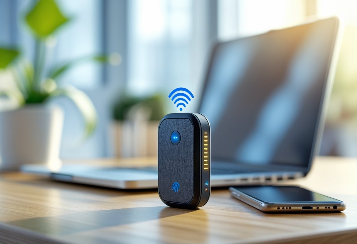 A small wireless tracking device placed on a wooden desk next to a laptop and smartphone in a bright office setting.