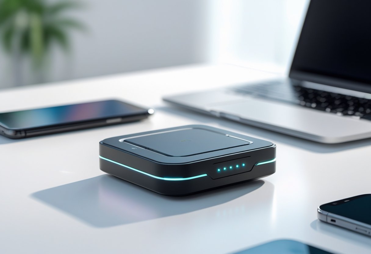 A compact wireless tracking device on a white surface with a smartphone and laptop nearby.