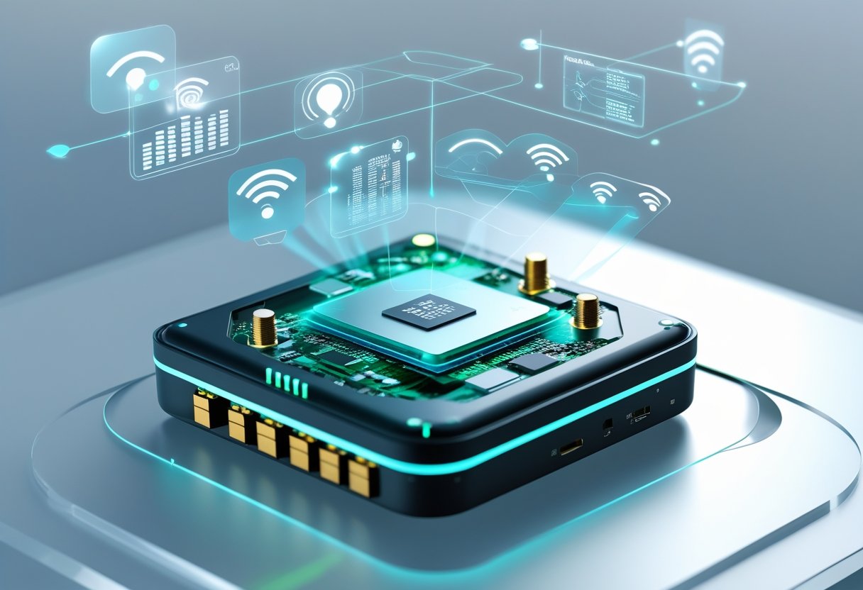 Close-up of a wireless tracking device with visible internal components and digital data streams representing wireless signals and GPS connectivity.