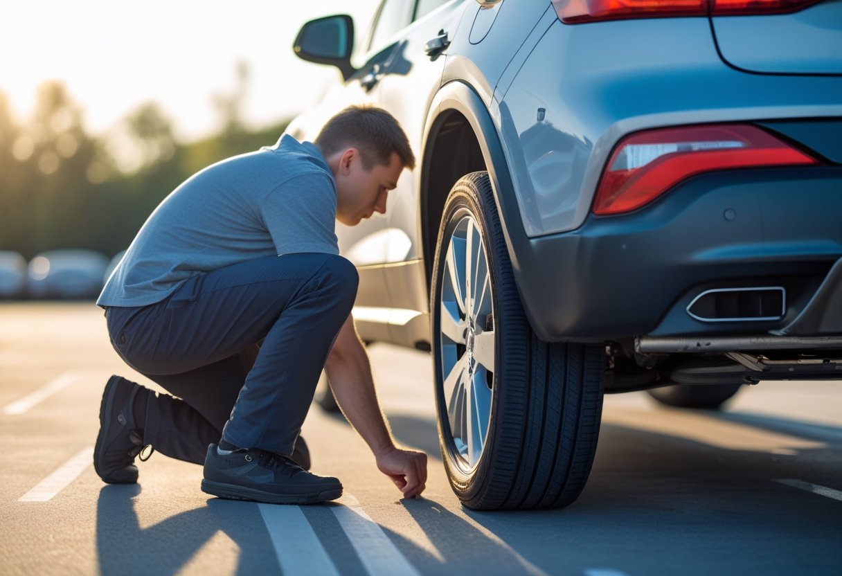 A person kneeling and inspecting the underside of a car near the rear wheel in a parking lot.