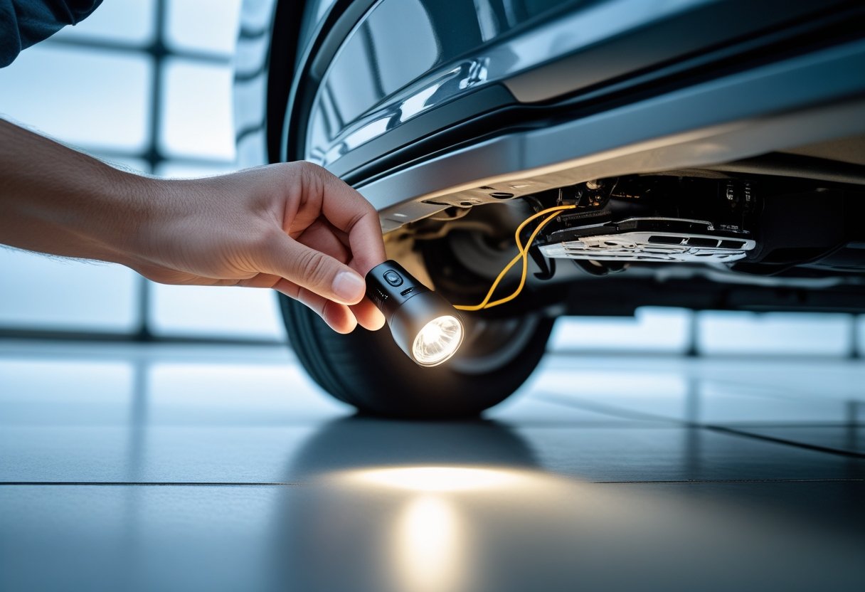 A person inspecting the underside of a car near the rear bumper with a flashlight.
