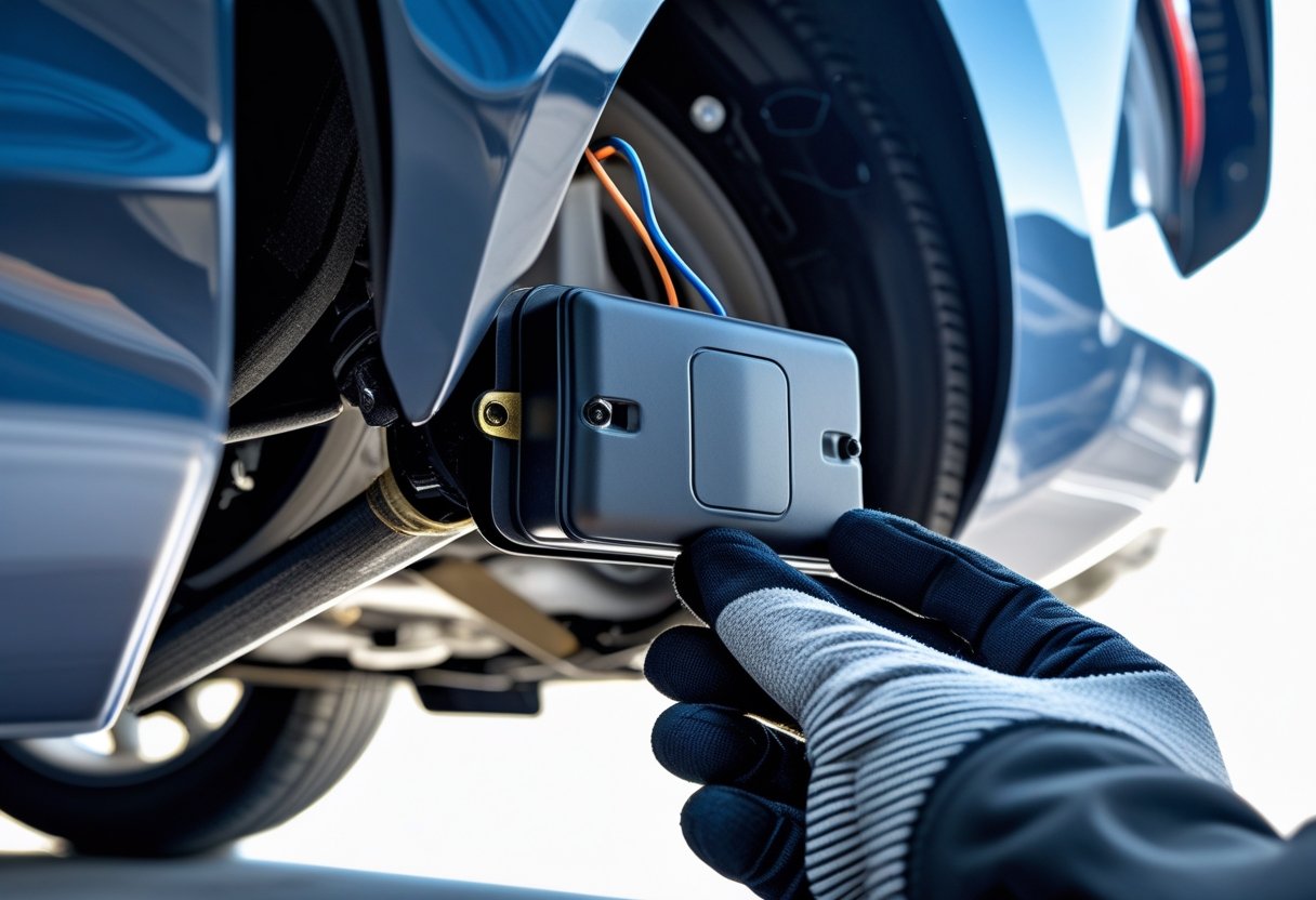 Close-up of a person inspecting the underside of a modern car near the wheel where a GPS tracking device is attached.