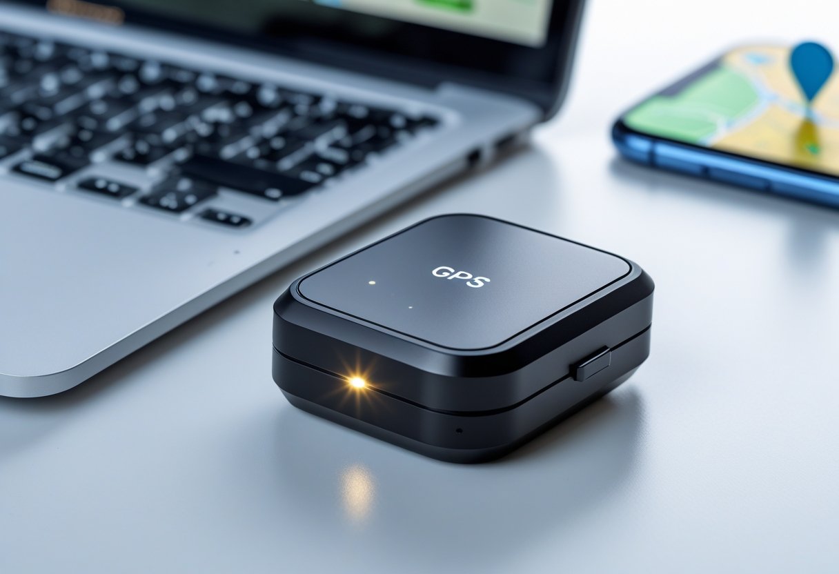 A GPS tracking device on a white surface with a laptop and smartphone showing a digital map in the background.