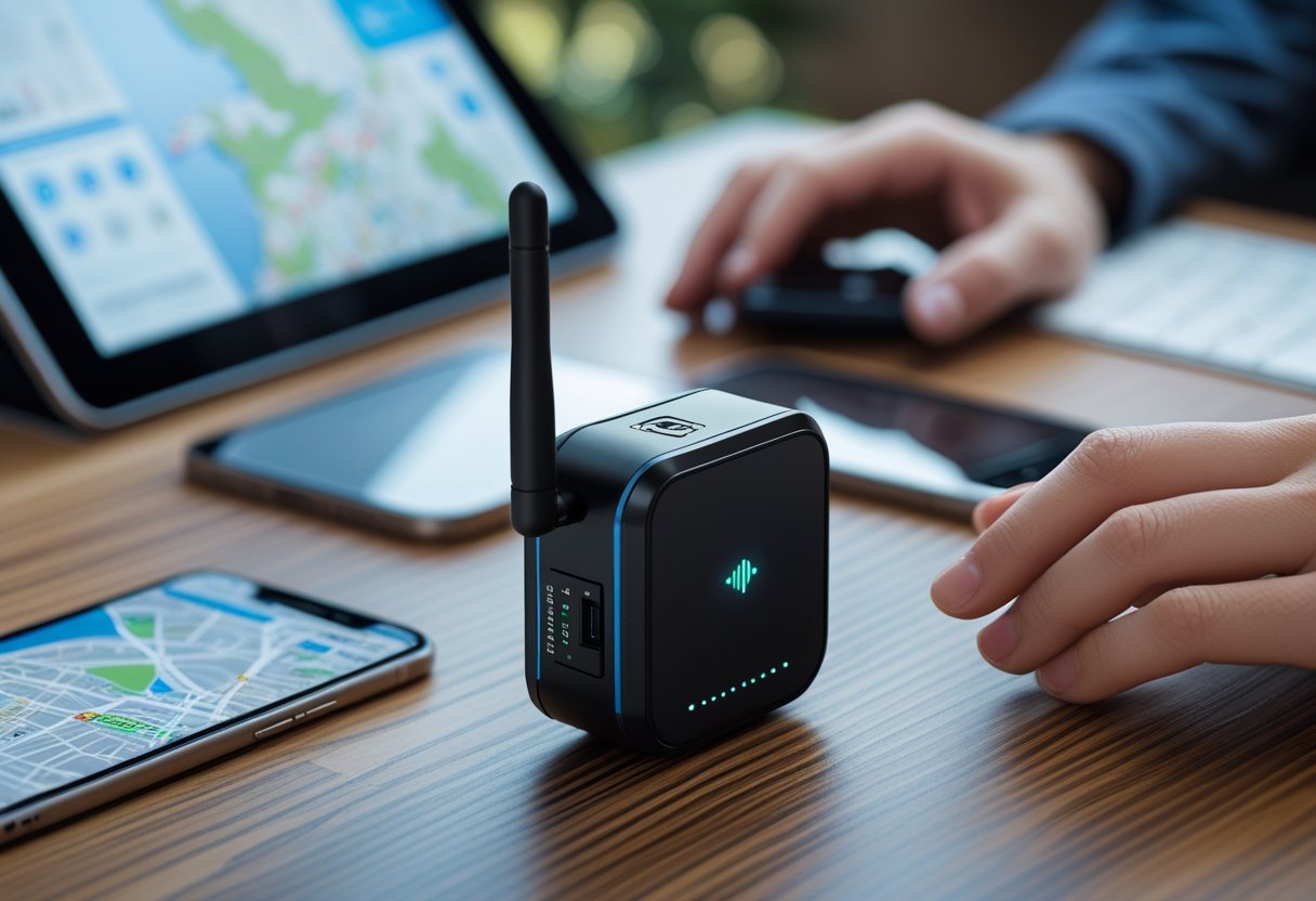Close-up of a GPS tracker device on a desk next to a tablet showing a digital map and a smartphone with a location app.