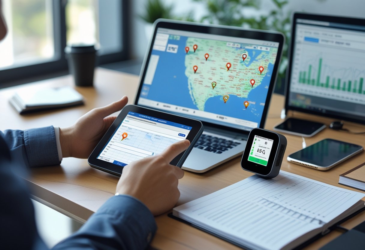 Hands using a touchscreen device showing a digital map with GPS locations, next to a GPS tracker and a laptop displaying tracking data on a desk.