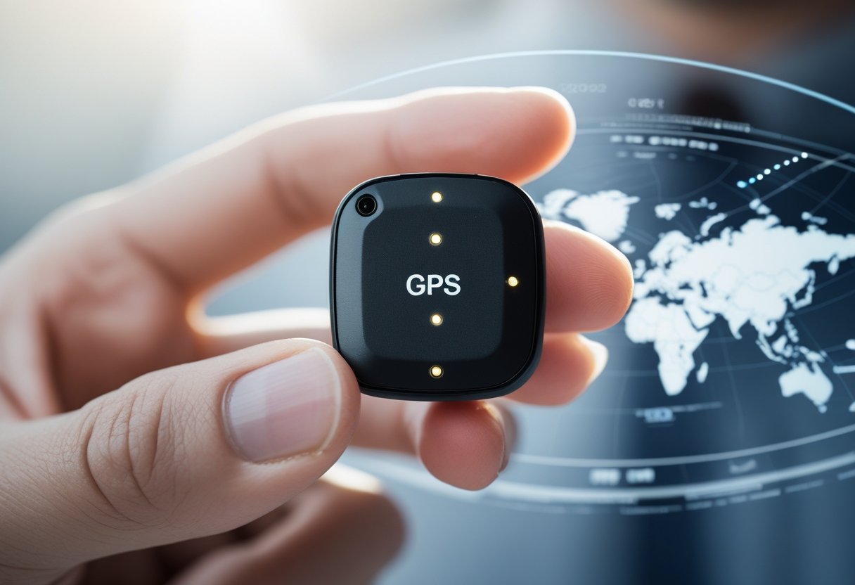 Close-up of a person holding a small GPS tracker device with a blurred digital map in the background.