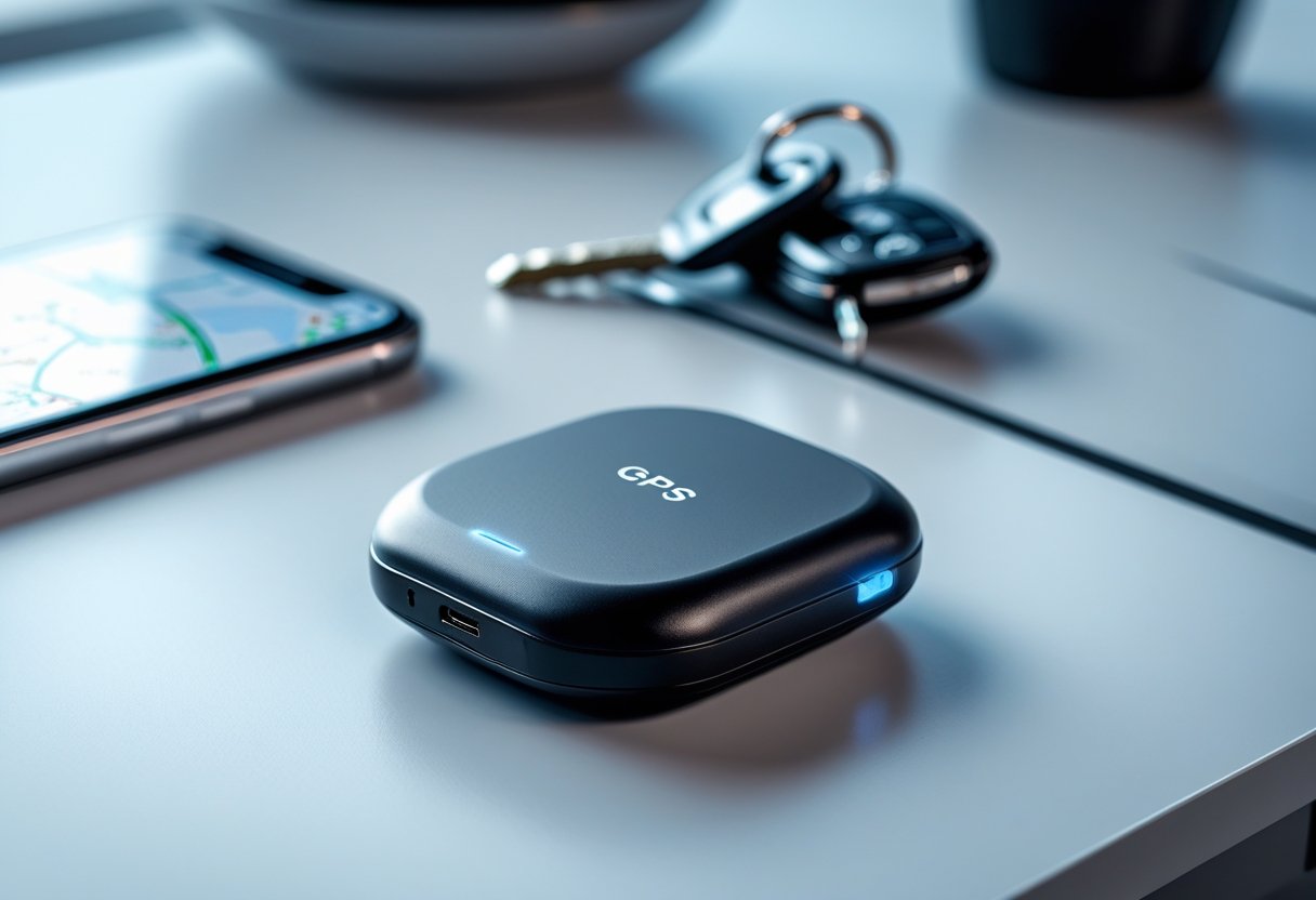 A small black GPS tracker device on a desk next to a smartphone showing a map and a set of car keys.