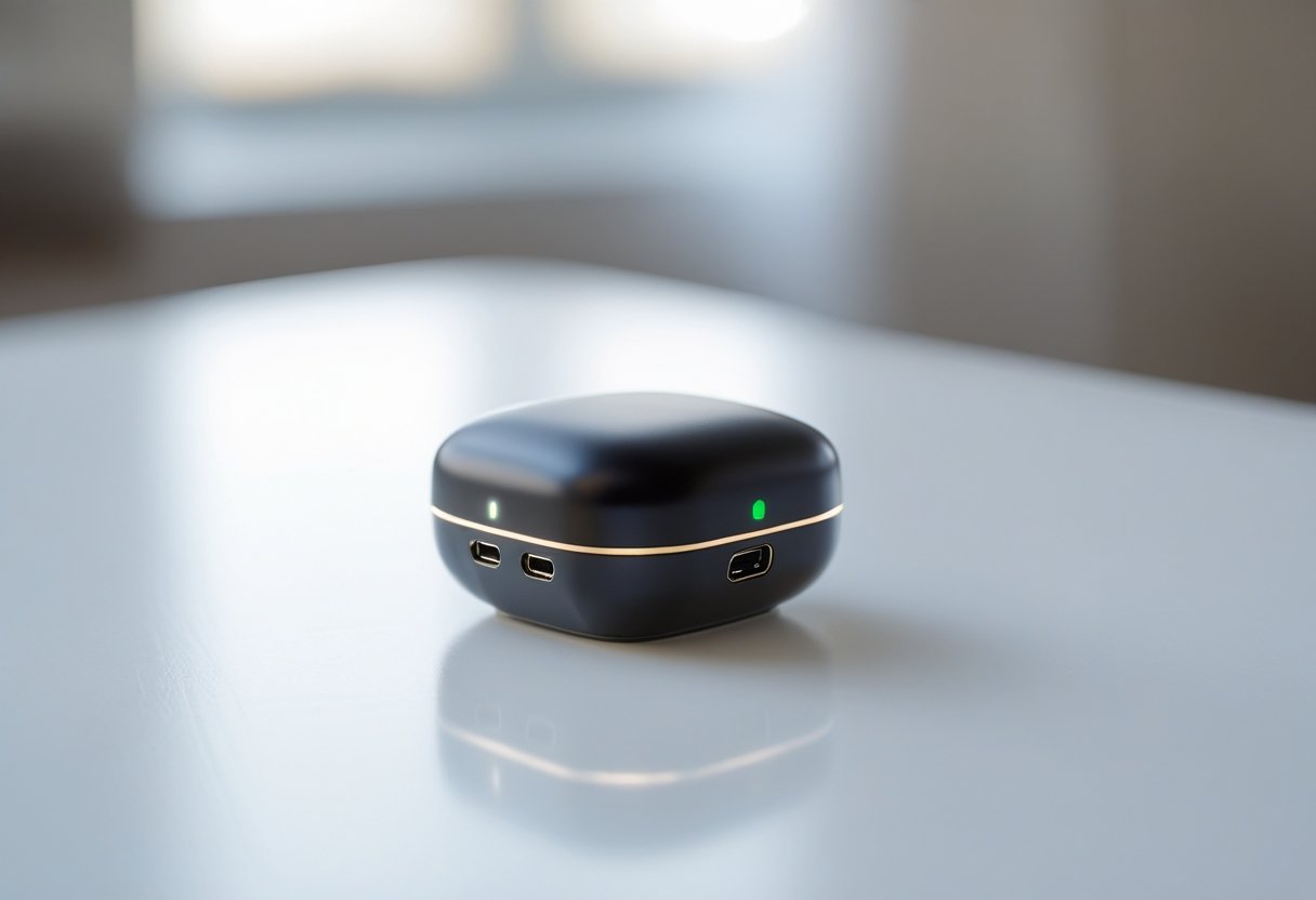 A small black and metallic GPS tracker device on a white surface.