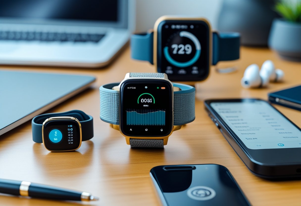 A workspace showing a smartwatch, GPS device, smartphone, and fitness band arranged neatly on a wooden desk.