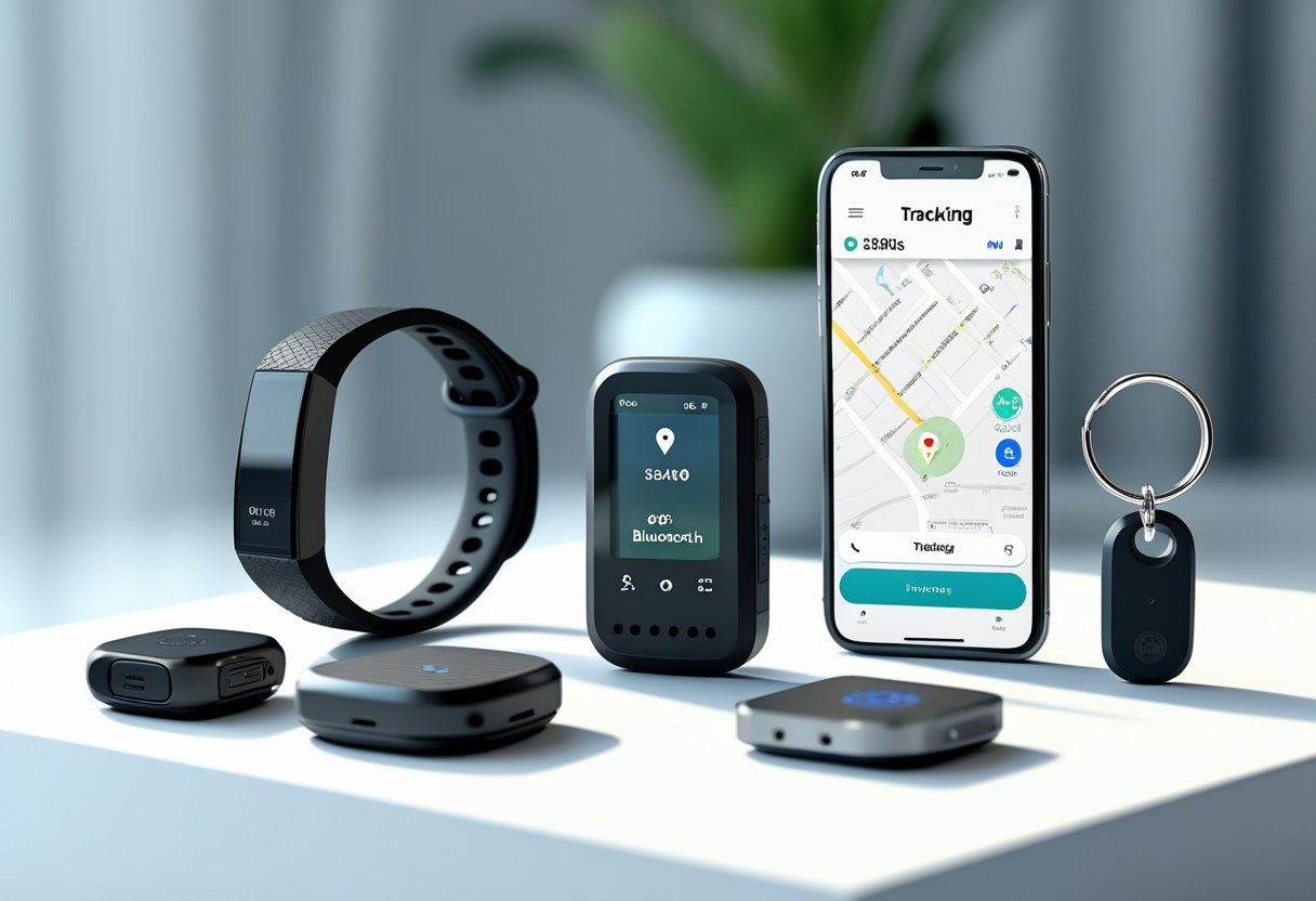 A collection of different tracking devices including a fitness tracker, GPS tracker, Bluetooth keychain tracker, and a smartphone showing a tracking app on a white surface.