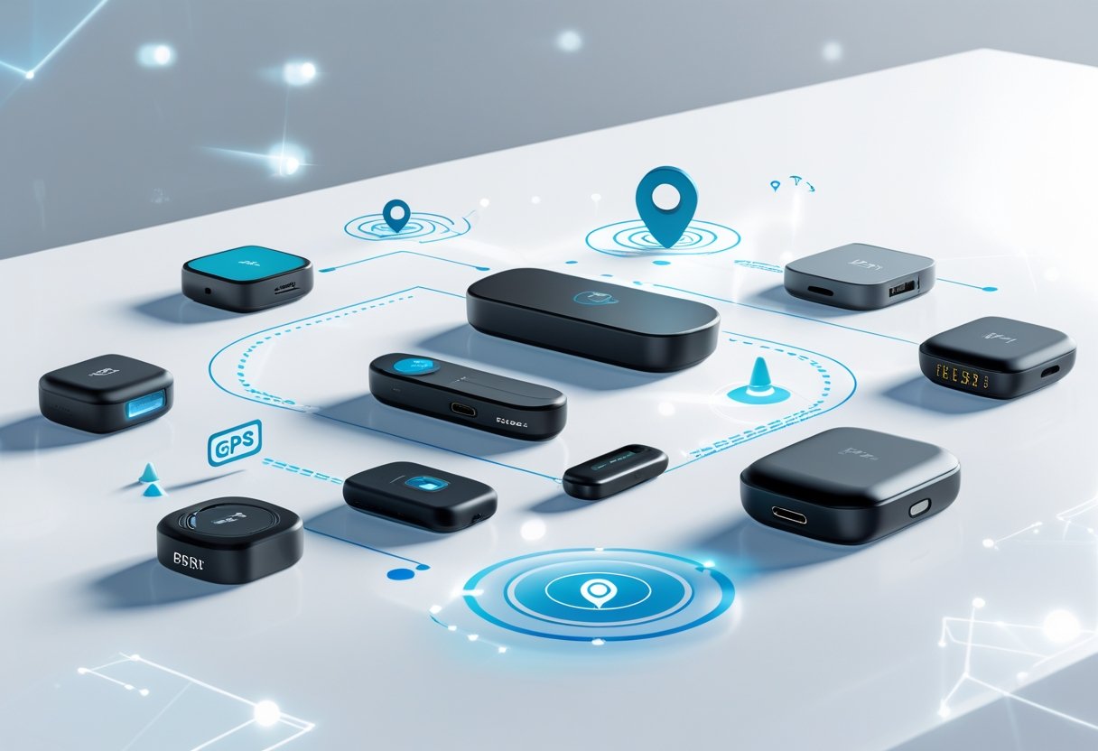 A variety of tracking devices including GPS trackers and fitness bands displayed on a white surface with digital icons representing location and connectivity around them.