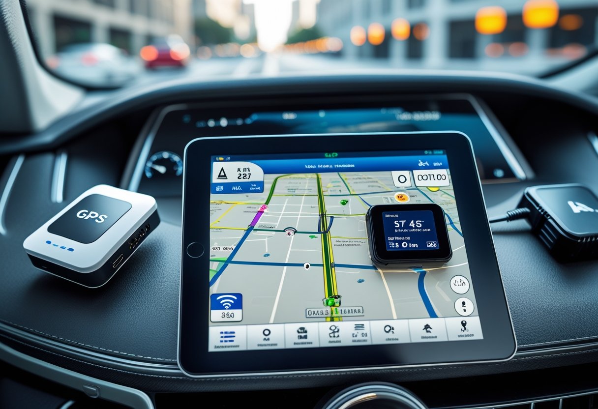 A car dashboard showing a GPS navigation screen with various vehicle tracking devices including a GPS tracker under the car, an OBD-II device, and a smartphone displaying a tracking app.