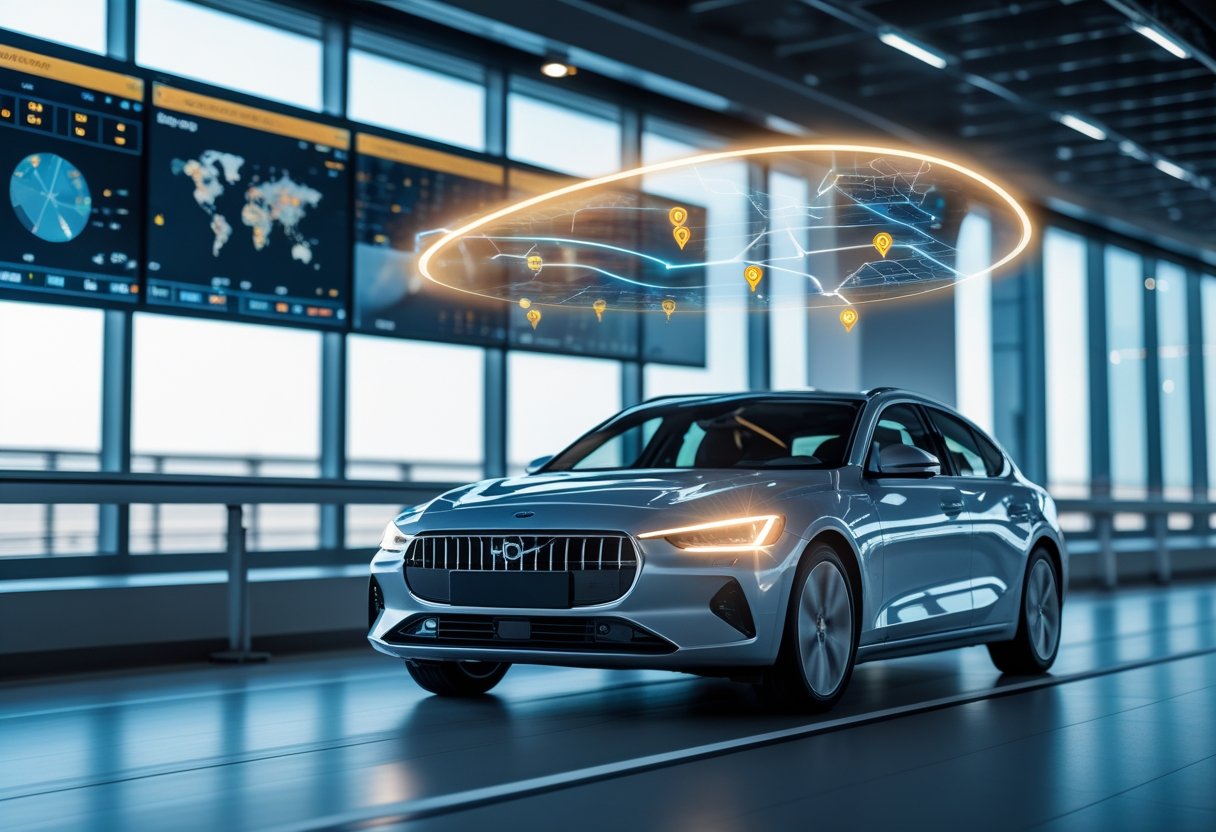 A car driving on a highway with digital GPS tracking overlays and a control room with large screens showing maps and vehicle locations in the background.