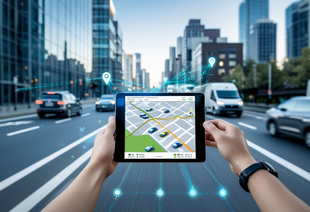 A city street with various vehicles moving while digital tracking icons and lines show their real-time locations, with a person holding a tablet displaying a map of the vehicles.