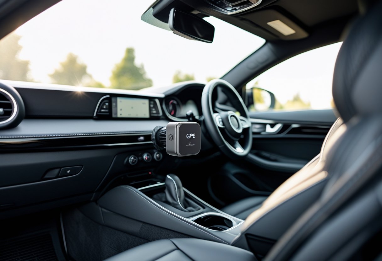 Close-up view of a GPS tracking device installed under the dashboard inside a modern car.