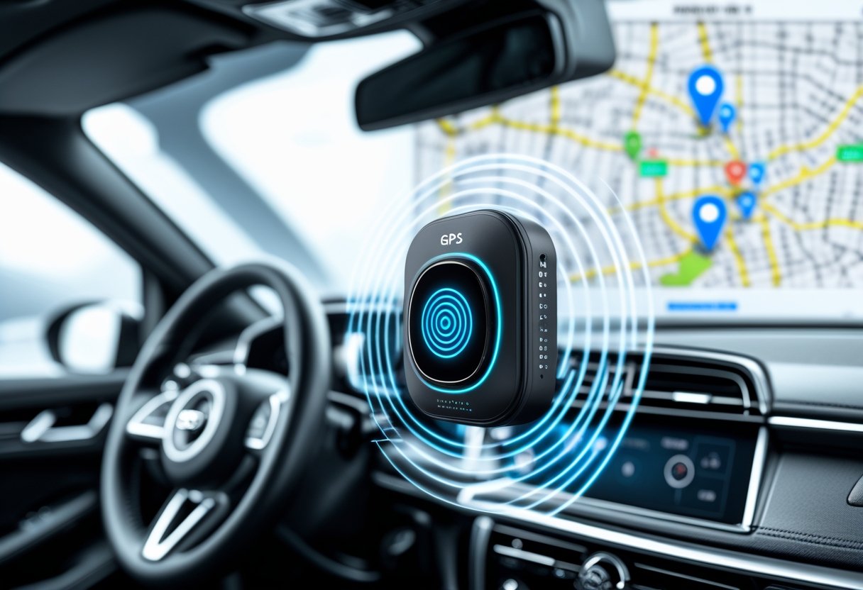 Inside view of a car showing a GPS tracking device with digital signals and a transparent map overlay indicating real-time vehicle tracking.