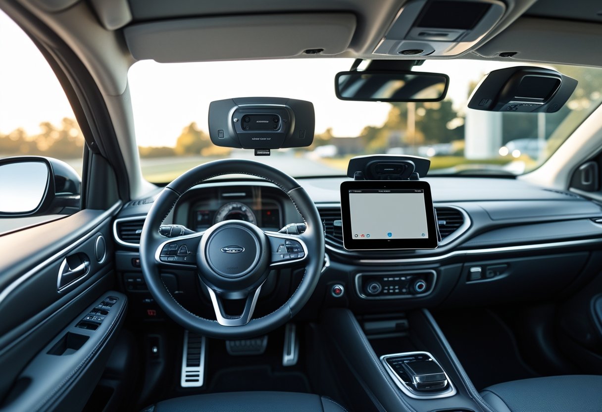 Close-up view of various car tracking devices installed inside a modern vehicle's dashboard and interior.