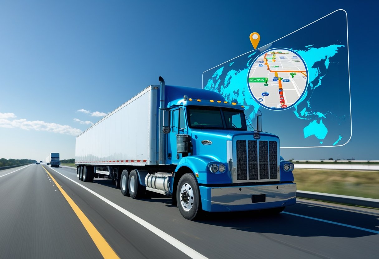 A semi-trailer truck driving on a highway with a digital GPS map overlay showing real-time tracking.