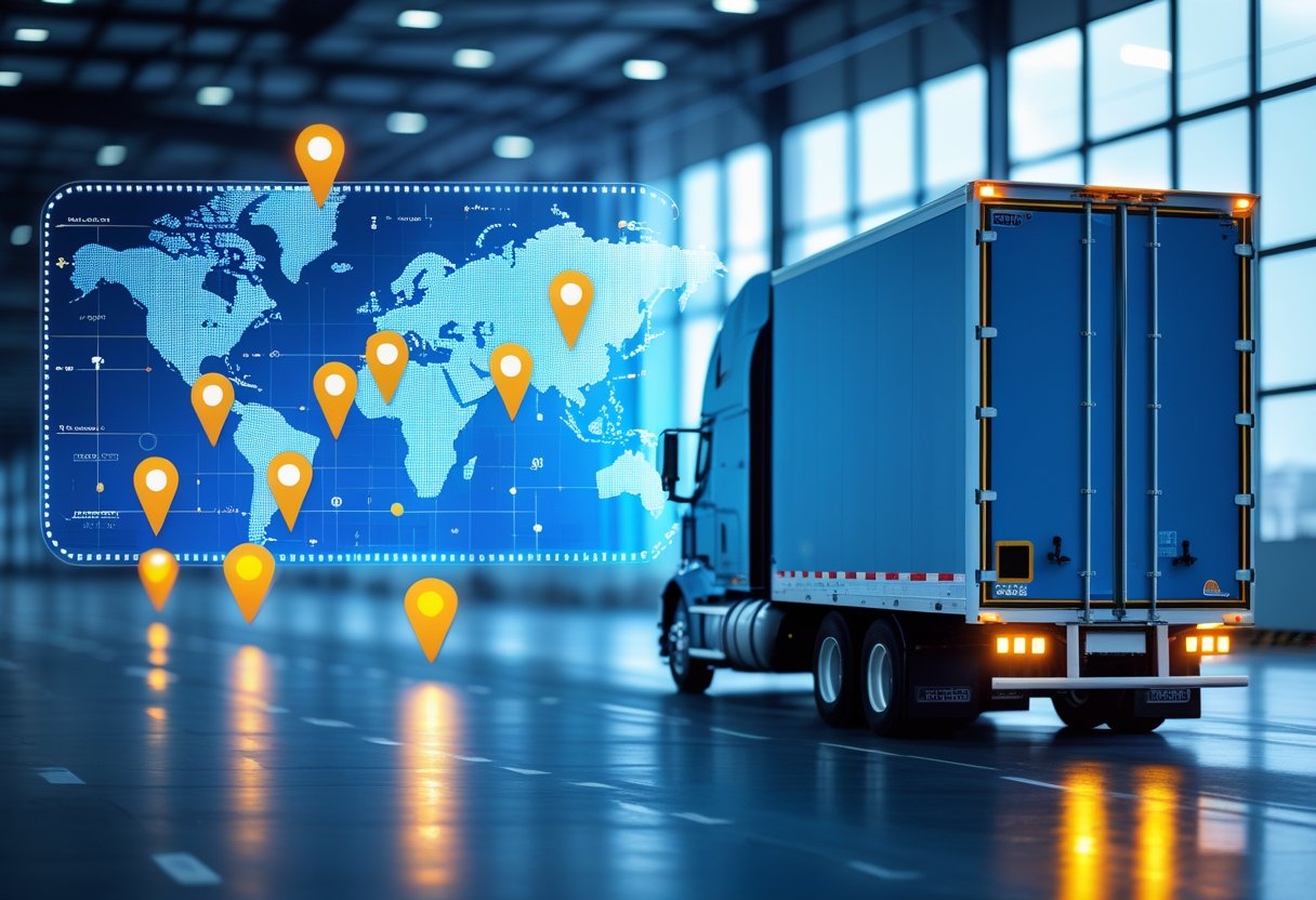 A semi-truck trailer with a GPS tracking device mounted, surrounded by a digital map overlay showing routes and location data.