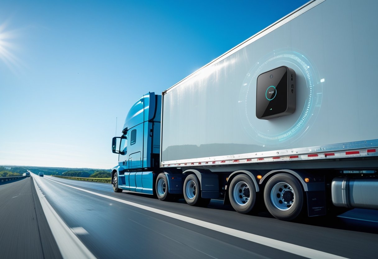 A semi-trailer truck driving on a highway with a GPS tracking device mounted on the trailer.