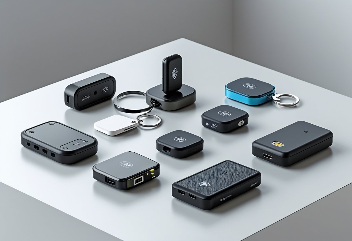 A collection of small GPS tracking devices of various shapes and colors arranged on a white surface.