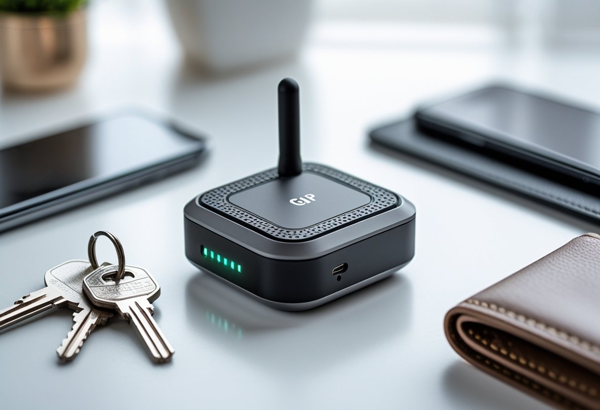 A small GPS tracker device placed on a white surface next to keys, a smartphone, and a wallet.