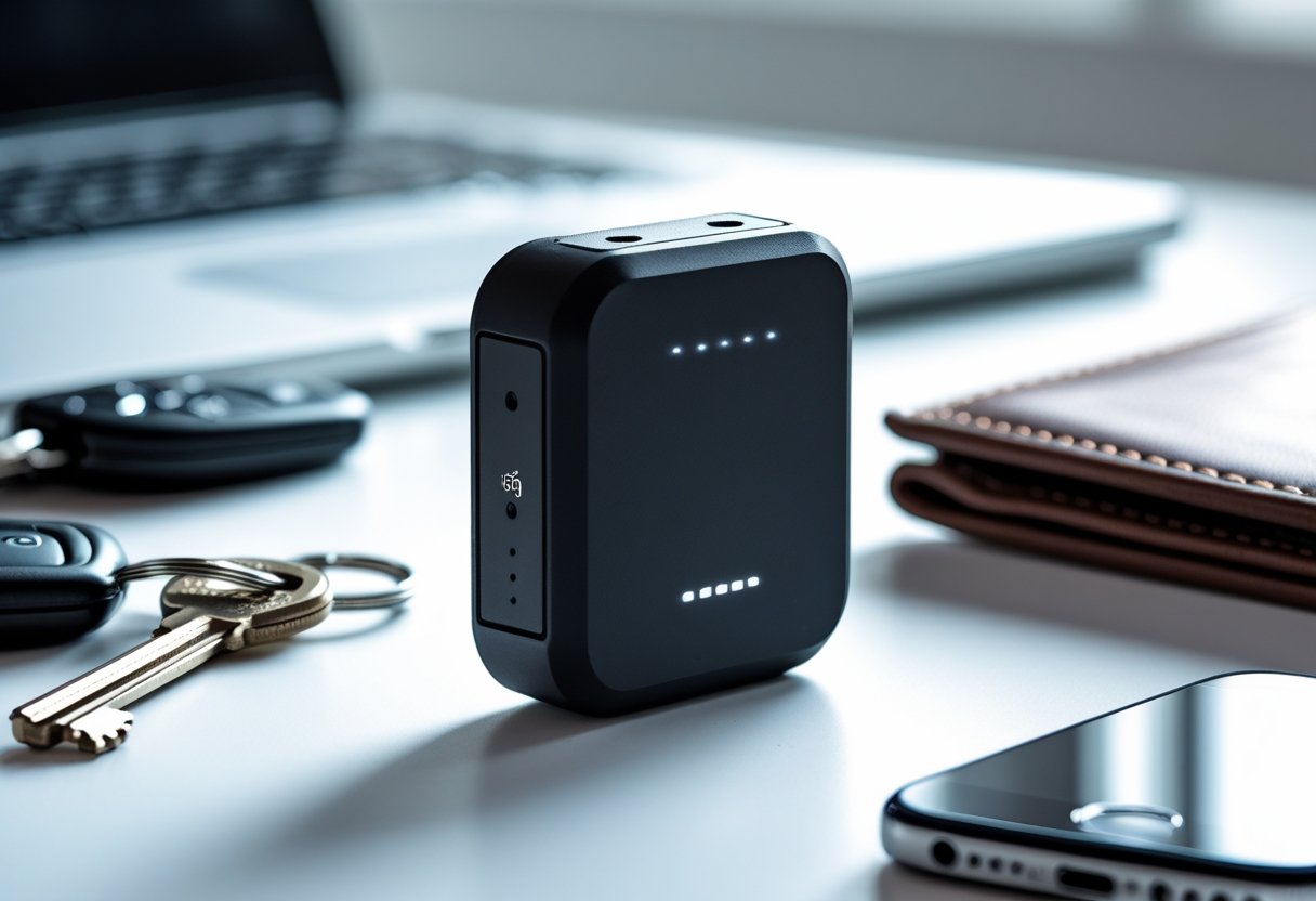 A small GPS tracker device placed on a white surface next to car keys, a smartphone, and a wallet.