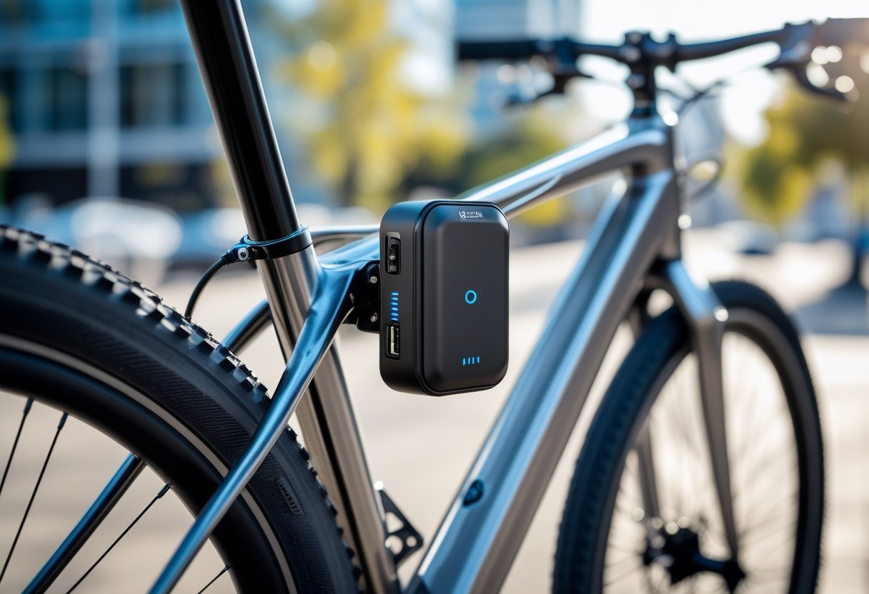 A modern GPS bike tracker attached to the frame of a bicycle parked outdoors in an urban setting.