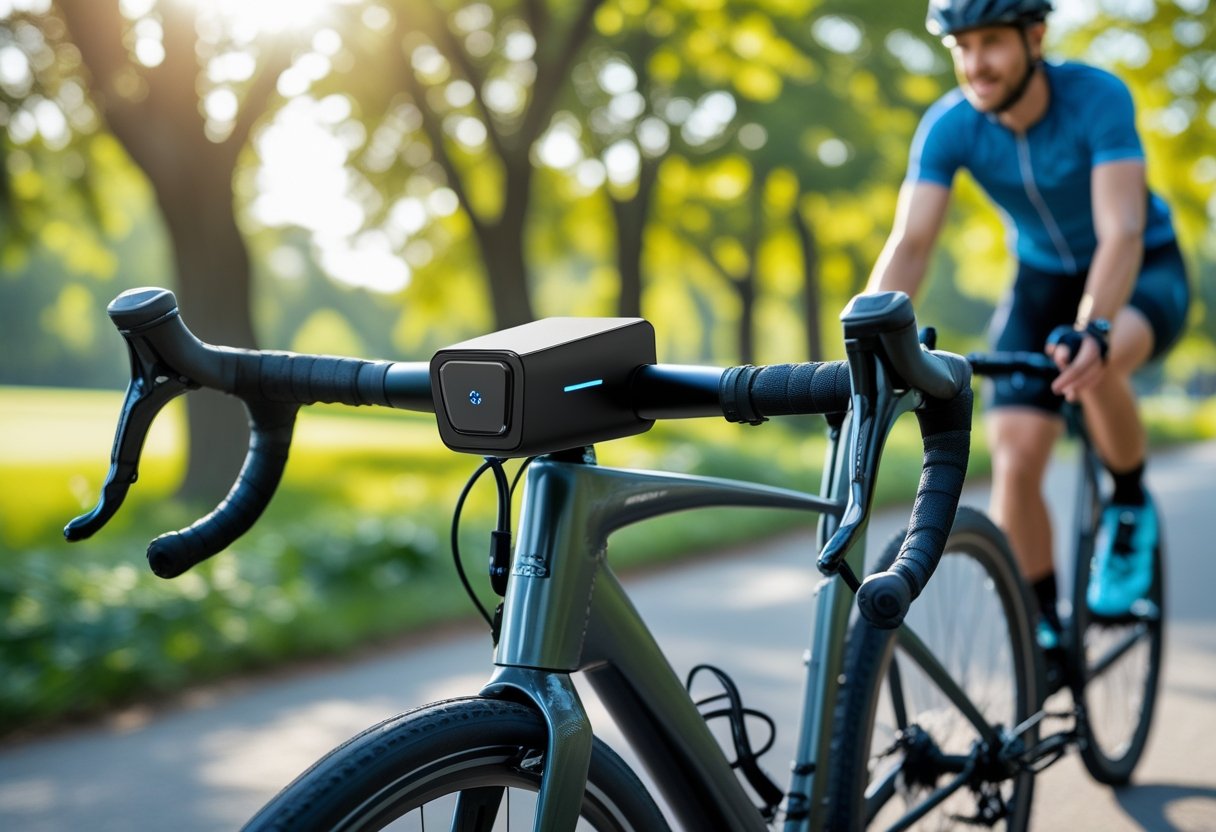 A bicycle outdoors in a park with a small GPS tracker mounted on its frame near the handlebars, with a cyclist riding in the background.