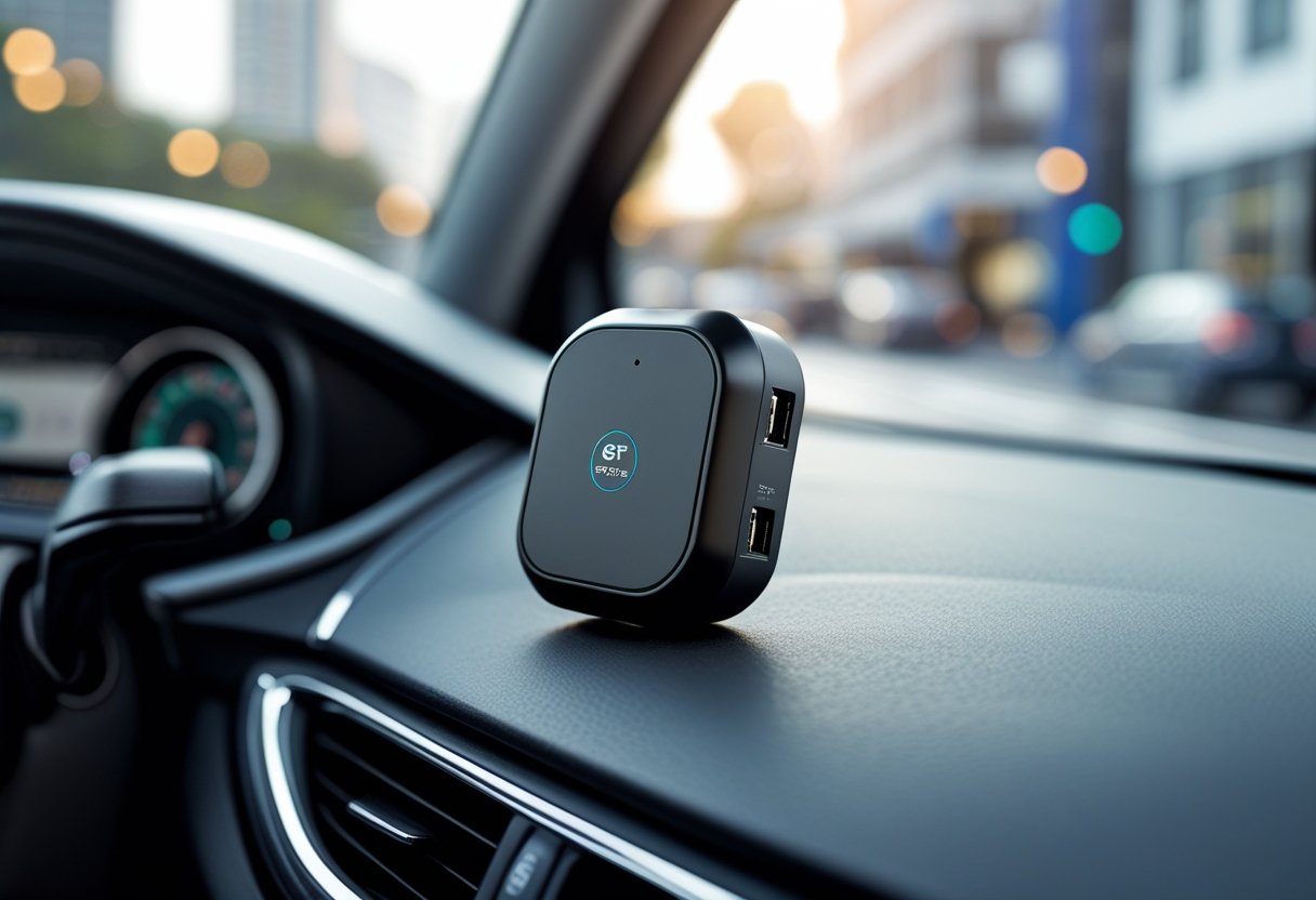 Close-up of a small car GPS tracker on a car dashboard with a city street visible through the windshield.