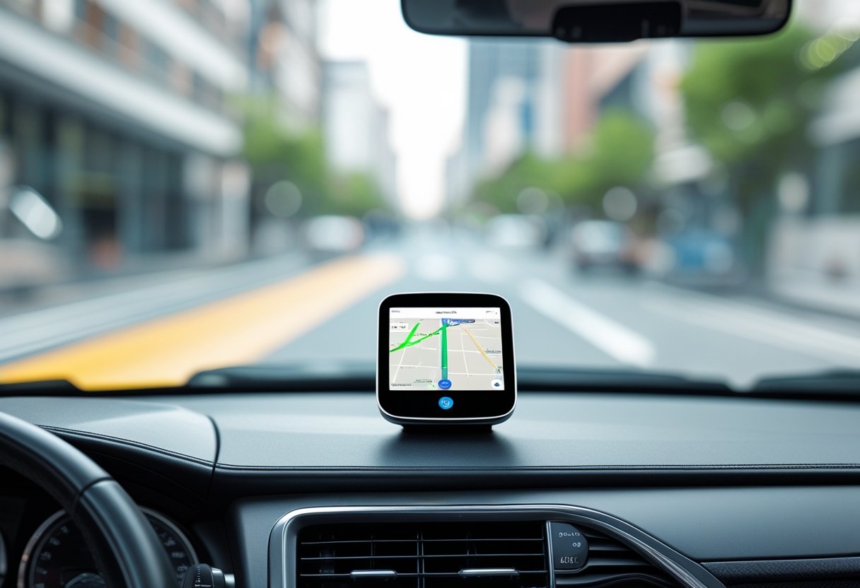 Close-up of a car dashboard with a GPS tracking device mounted near the windshield showing a map, with a blurred street scene outside the window.