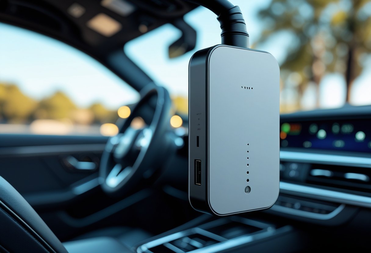 Close-up of a vehicle GPS tracking device installed inside a car with a blurred interior background.