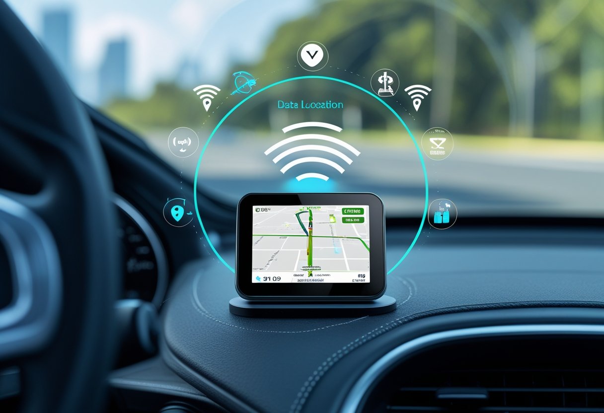 A car dashboard with a GPS tracking device showing a digital map and route, with a blurred road visible through the windshield.