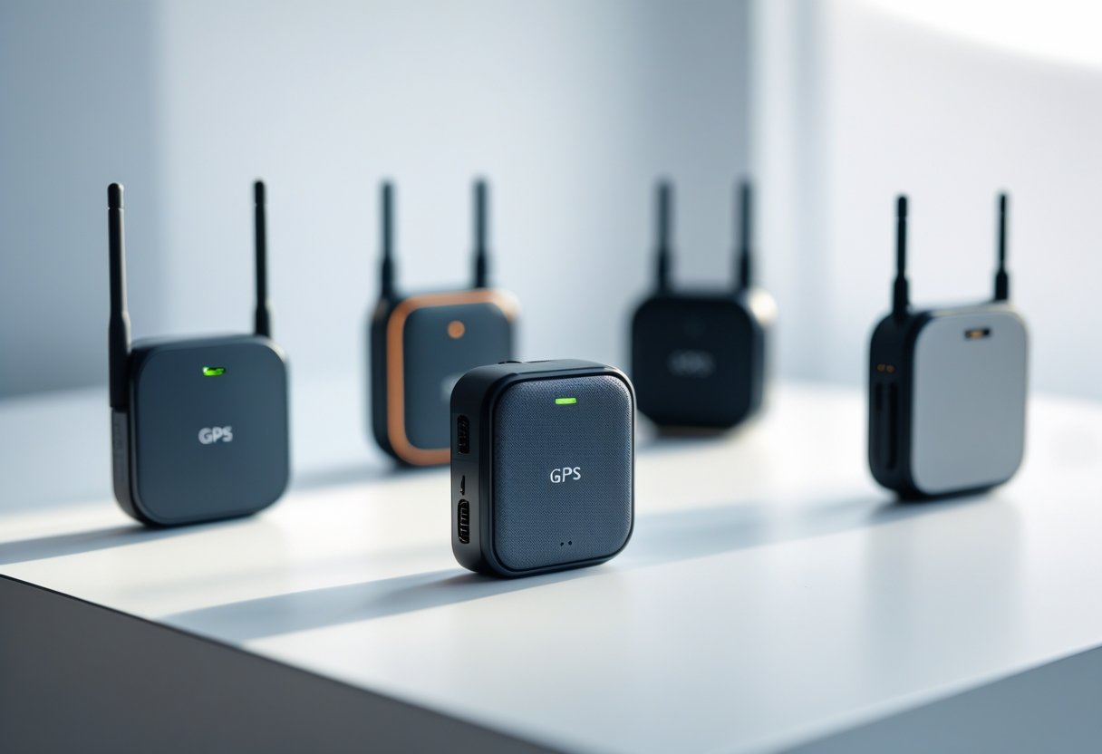 Several compact GPS tracker devices arranged on a white surface with soft lighting.