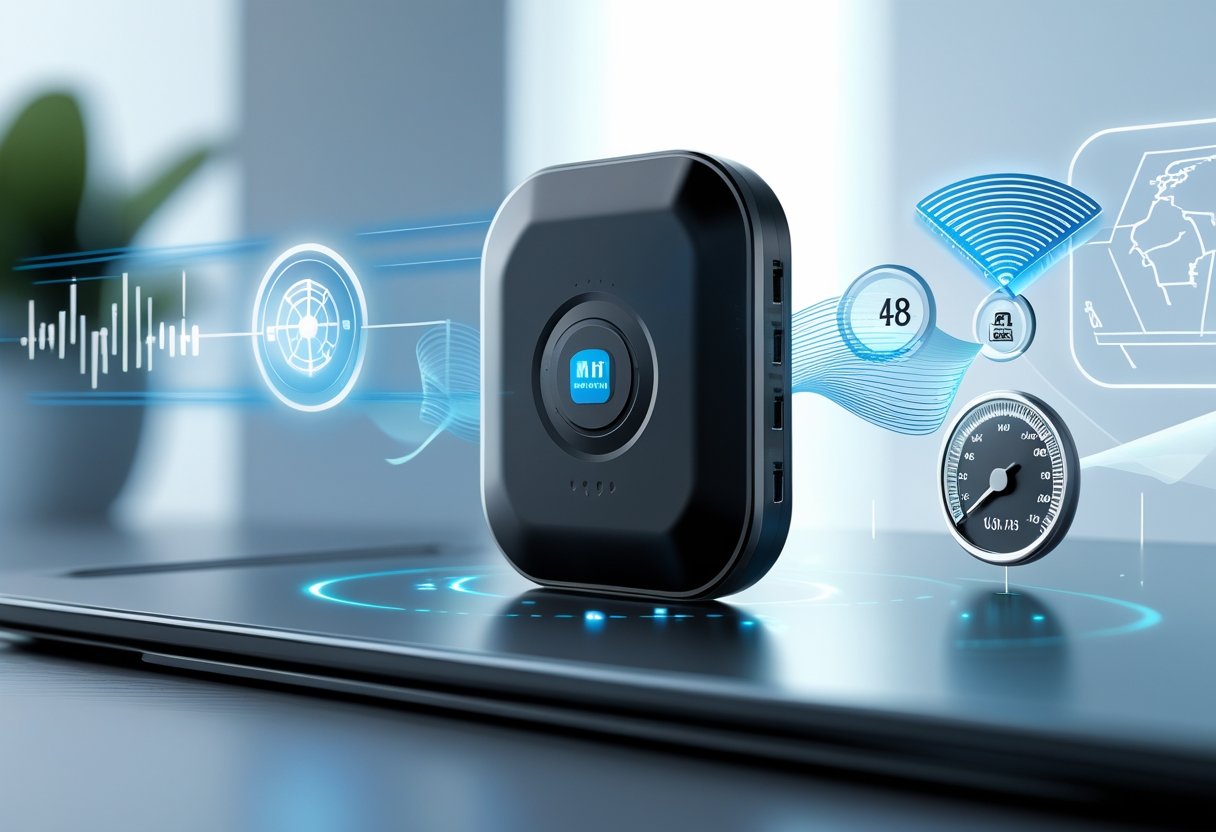 Close-up of a GPS tracker device with digital icons representing satellite signals, location pin, and speed, on a clean surface.