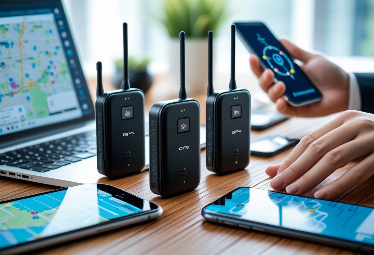 Close-up of GPS tracker devices on a desk with a smartphone showing a map and a laptop displaying a tracking interface in a bright office setting.